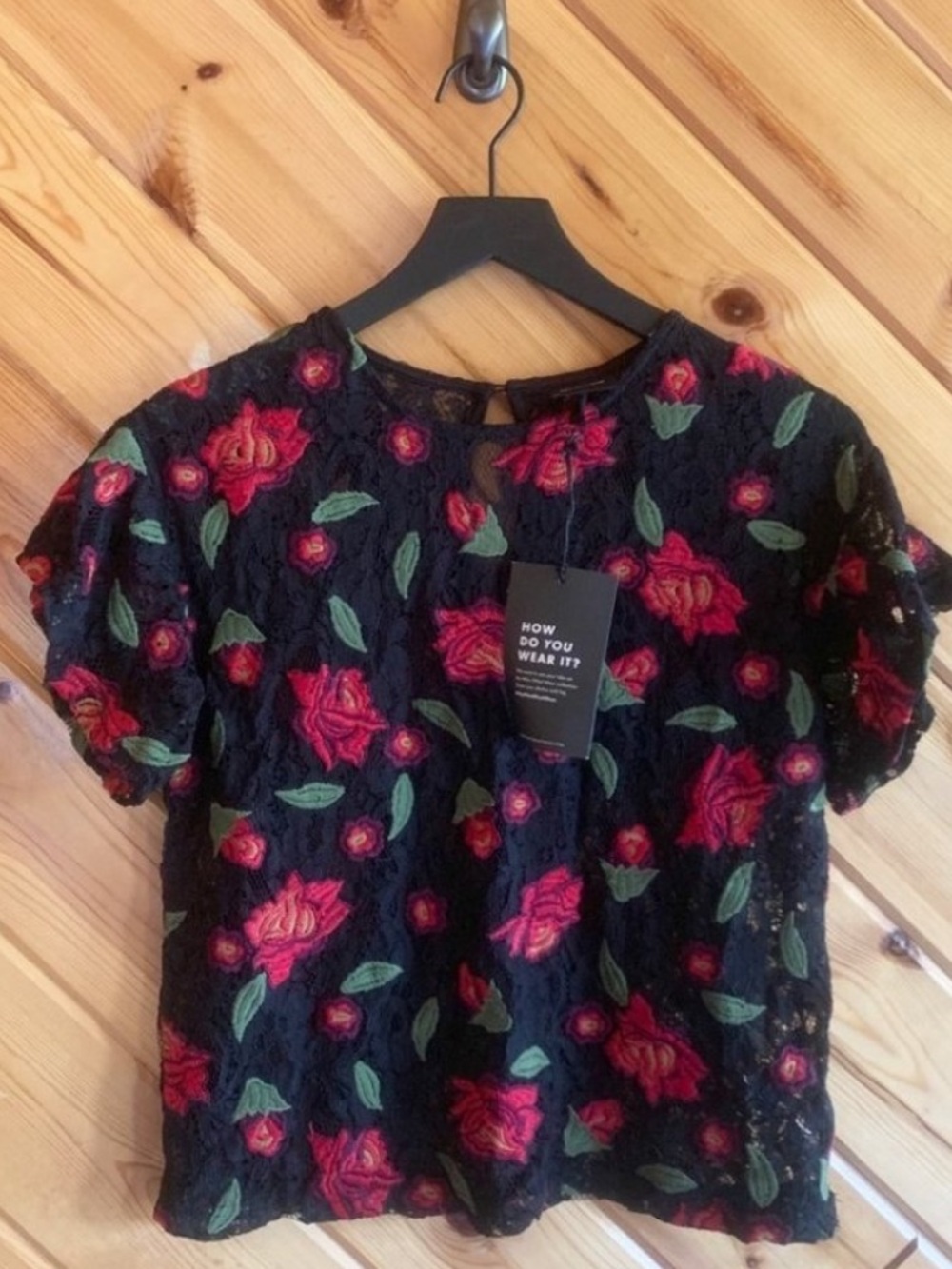 NWOT Who Wore What Black Lace Top with Red Rose Embroidery XS